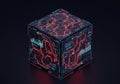 Futuristic, dark cube featuring glowing red and blue circuitry patterns on a sleek, Royalty Free Stock Photo