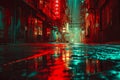 Futuristic dark cyberpunk city dystopia streets colorful neon lights glow night architecture skyscrapers background