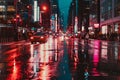 Futuristic dark cyberpunk city dystopia streets colorful neon lights glow night architecture skyscrapers background