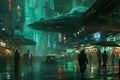 Futuristic dark cyberpunk city dystopia streets colorful neon lights glow night architecture skyscrapers background