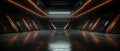 Futuristic dark garage background, empty underground room with orange neon lighting, interior of modern hallway or warehouse. Royalty Free Stock Photo