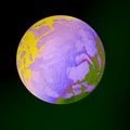 Futuristic dark green green planet with psychedelic marble parts, planet with dark side on vortex digital motion lights