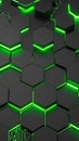 Futuristic dark hexagonal background with glowing green neon lines and abstract circuit patterns Royalty Free Stock Photo