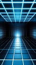 Futuristic dark room with bright blue neon grid lines on ceiling and floor Royalty Free Stock Photo