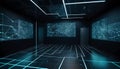 Futuristic Dark Room with Glowing Lines and Data Screens Royalty Free Stock Photo