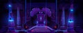 Futuristic dark throne room with neon blue light