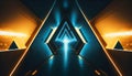 Futuristic dark triangular tunnel with orange and blue neon, ai generative illustration