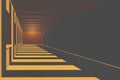 Futuristic dark tunnel with orange lights and long deep shadows 3d render
