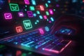Futuristic dark workspace with illuminated laptop and colorful floating digital icons above