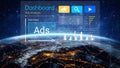 Futuristic Dashboard Displaying Ads Analysis, Data Visualization, and Global Network Concept with Earth Background and Royalty Free Stock Photo