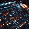 A futuristic dashboard interface with glowing buttons, sliders, and holographic elements, set in a dark, high-tech room