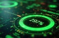 Futuristic dashboard shows 197 percent progress. Green digital interface displays data. Technology background with glowing Royalty Free Stock Photo