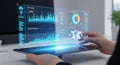 Futuristic Data Analysis: Hands Holding Tablet Displaying Charts and Graphs Royalty Free Stock Photo