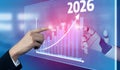 Futuristic Data Analysis with Human Touch and Robotic Interface Showcasing Growth Trends from 2023 to 2026. Tessel Royalty Free Stock Photo