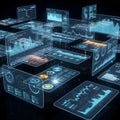 Futuristic Data Analysis: Immersive Digital Interface with Transparent Displays, Dynamic Graphs, and Advanced Business Royalty Free Stock Photo