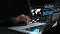 Futuristic Data Analysis Interface Displayed on Laptop Screen with Analytical Charts, Graphs, and Global Map Royalty Free Stock Photo