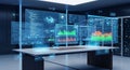 Futuristic data analysis interface displays complex graphs and charts on a meeting table Royalty Free Stock Photo