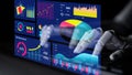 Futuristic Data Analysis Interface with Graphs, Charts, and Hands Interacting with Performance Metrics on a Digital Royalty Free Stock Photo