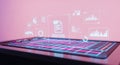 Futuristic data analysis interface with pink and blue gradient background showing digital dashboard with graphs, charts, and icons Royalty Free Stock Photo