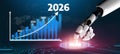 Futuristic Data Analysis with Robotic Hand and Growth Chart Representing Progression from 2023 to 2026 in Technology and Royalty Free Stock Photo