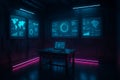 Futuristic data analysis room with glowing world maps and interactive screens Royalty Free Stock Photo