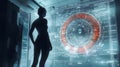 Futuristic data analysis sci-fi laboratory digital art high-tech environment silhouette perspective cybersecurity insights