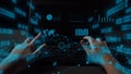 Futuristic Data Analysis Visual with Hands Touching Interactive Touchscreen Displaying Graphs, Charts, and Digital Data Royalty Free Stock Photo
