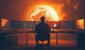 Futuristic data analyst monitoring cosmic events with multiple screens and planets