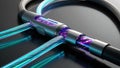Futuristic data cable with iridescent optical pathways showcasing advanced bandwidth transmission. glowing tech highlights Royalty Free Stock Photo
