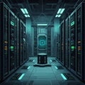 Futuristic data center AI security vault cyber storage cloud computing encrypted database digital information protection
