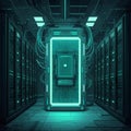 Futuristic data center AI security vault cyber storage cloud computing encrypted database digital information protection