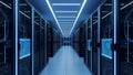 Futuristic Data Center Aisle with Glowing Blue Lights Royalty Free Stock Photo