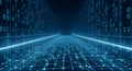 Futuristic data center with binary code and neon grid lines representing advanced technology and digital information Royalty Free Stock Photo