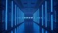 Futuristic Data Center with Blue Neon Lights, Server Racks, and Digital Technology Royalty Free Stock Photo