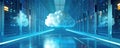 Futuristic data center with cloud icon representing cloud computing and technology, surrounded by modern servers and blue lighting Royalty Free Stock Photo