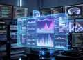 Futuristic Data Center Command Center Multi-Monitor Holographic Interface with Neon Blue & Pink Analytics Royalty Free Stock Photo