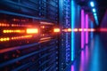 Futuristic data center and cooling system efficiency is exemplified in a facility with glowing cables and vibrant lights Royalty Free Stock Photo