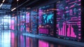 Futuristic data center corridor cyber security dashboard neon analytics visualization glowing screen Royalty Free Stock Photo