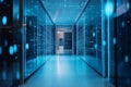 Futuristic Data Center Corridor with Digital Interfaces and Blue Light Reflections Royalty Free Stock Photo