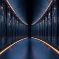 Futuristic data center corridor featuring illuminated server racks and sleek design, ideal for technology-related projects