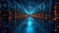 Futuristic data center corridor with glowing blue and orange server lights, symbolizing cloud computing, big data, and