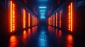 futuristic data center corridor with glowing orange lights and reflective floors, creating high tech atmosphere