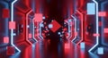 Futuristic data center corridor with glowing red neon lights and server racks in hightech digital environment Royalty Free Stock Photo