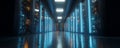 Futuristic data center corridor with glowing server rack, blue light, cyber security, network cable, cloud storage, technology, Royalty Free Stock Photo