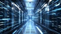 Futuristic data center corridor with glowing server racks and dynamic light trails, illustrating advanced technology and digital Royalty Free Stock Photo