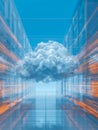 Futuristic data center corridor with glowing server racks and a floating cloud symbolizing cutting-edge cloud computing technology Royalty Free Stock Photo