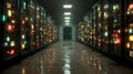 Futuristic Data Center Corridor with Glowing Server Racks Royalty Free Stock Photo