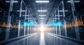Futuristic data center corridor with glowing servers and digital network visualization for advanced computing technology Royalty Free Stock Photo