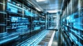 A futuristic data center corridor illuminated by blue light, showcasing advanced technology and digital interfaces Royalty Free Stock Photo