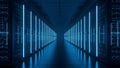 Futuristic Data Center Corridor with Neon Blue Lights, Server Racks, Technology Royalty Free Stock Photo
